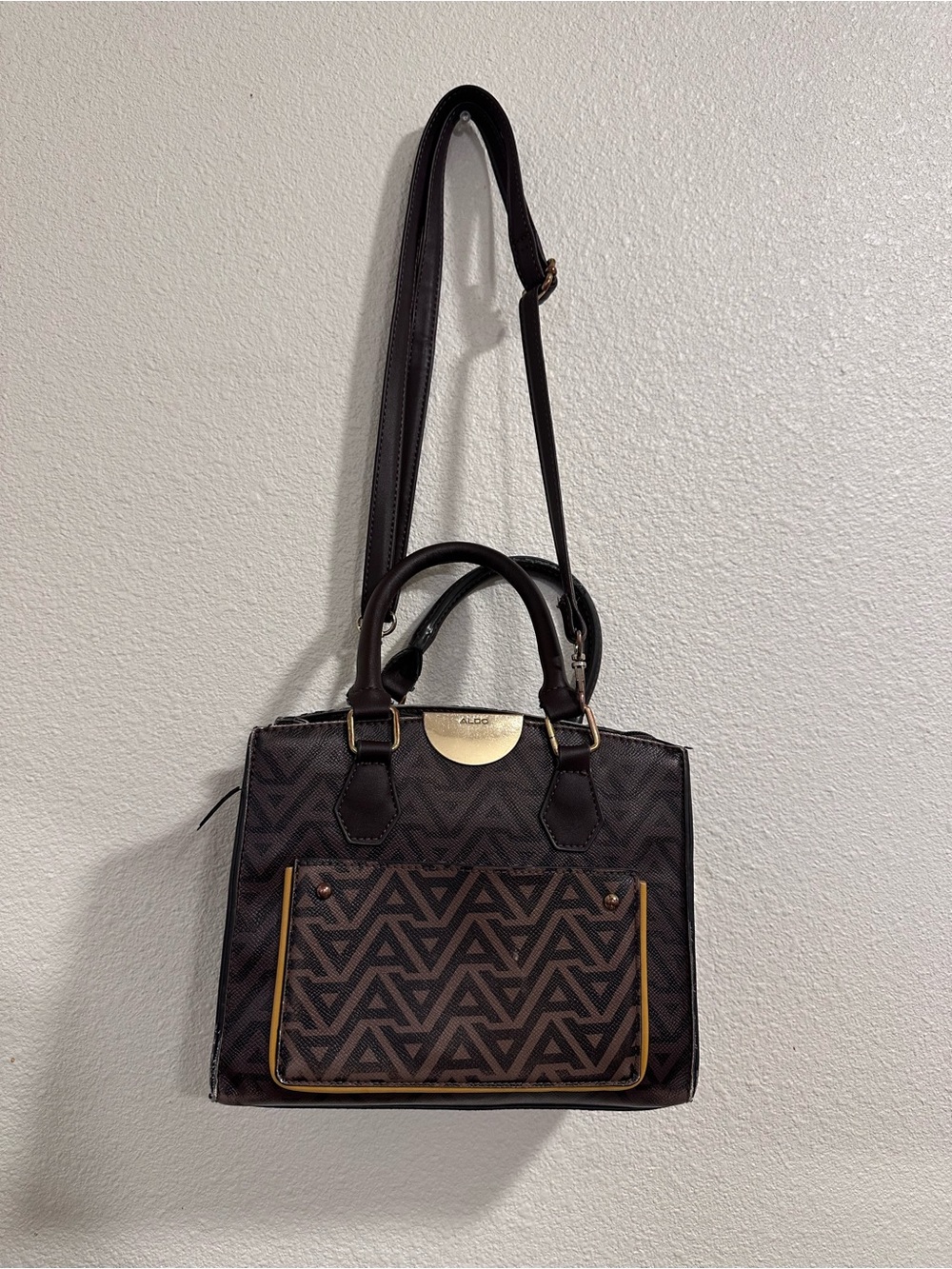 Aldo Dark Brown Patterned Satchel with Gold Accents